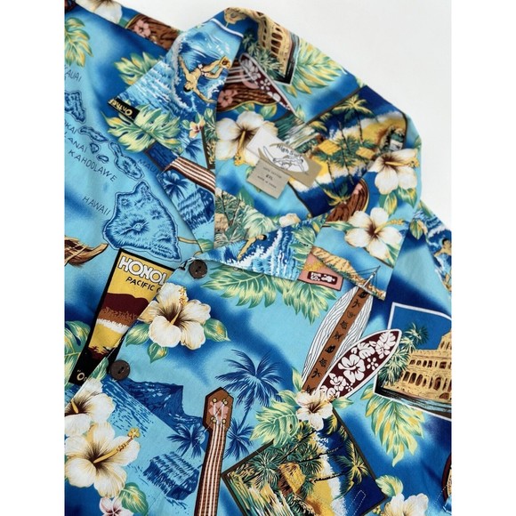 High Surf Mens Hawaiian Shirt Size 2XL Ukulele Surfboards Floral Palm Tree Blue - Picture 3 of 14